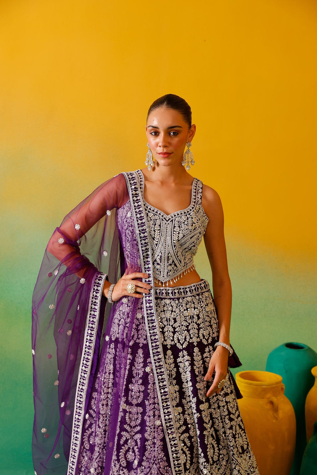 Neerus Purple net embroidered lehenga set - detail view 6