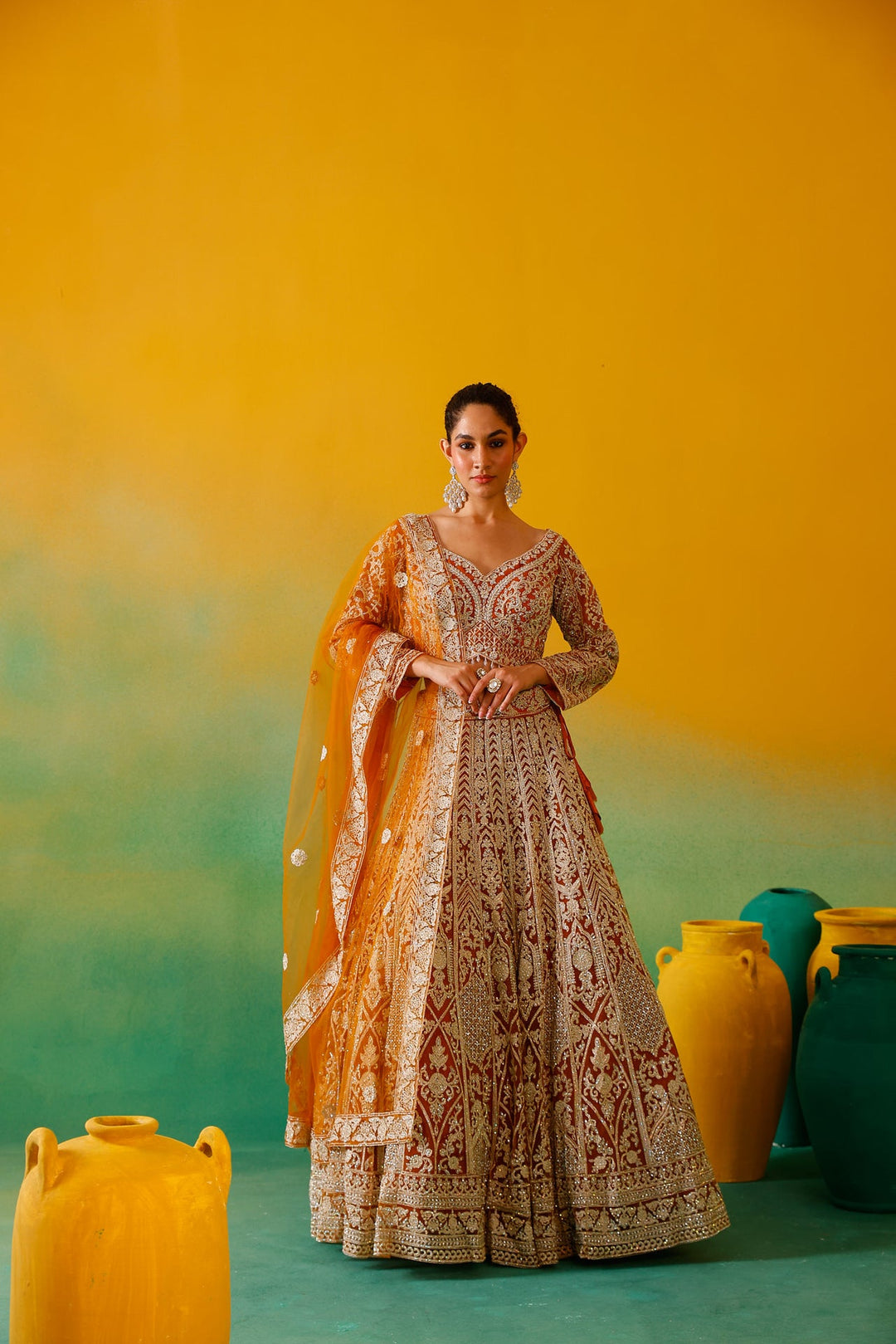 Neerus Yellow net embroidered lehenga set - back view