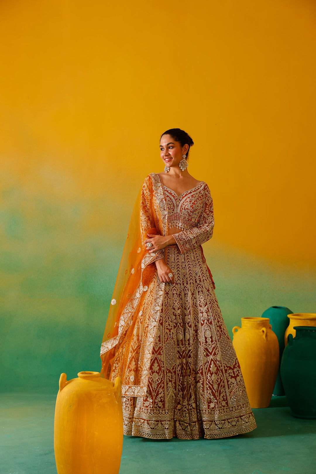 Neerus Yellow net embroidered lehenga set - side view