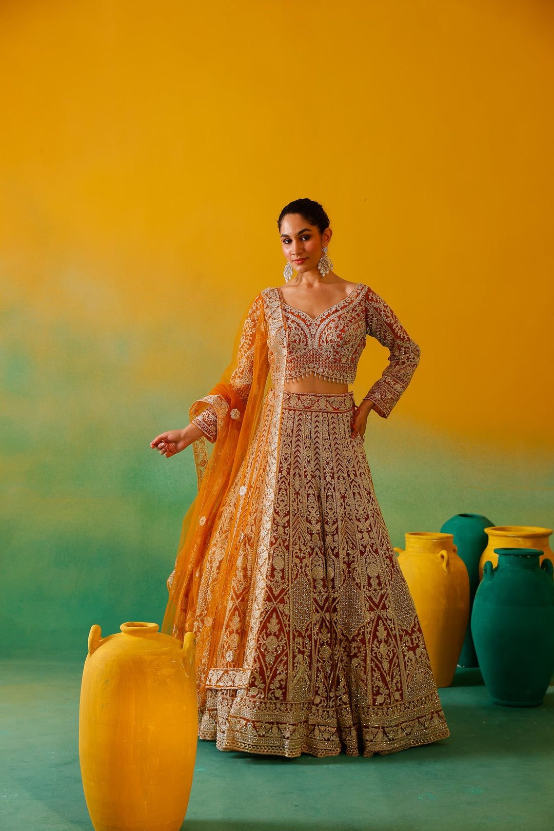 Neerus Yellow net embroidered lehenga set - detail view 1