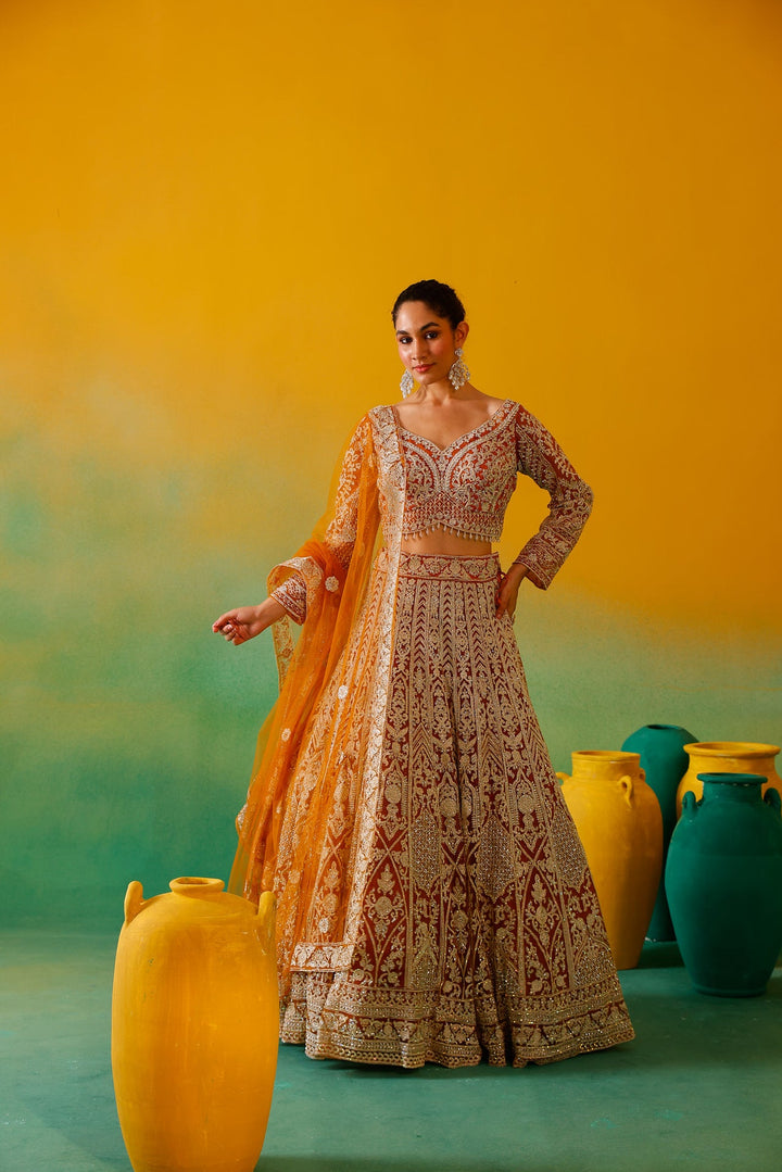 Neerus Yellow net embroidered lehenga set - detail view 1