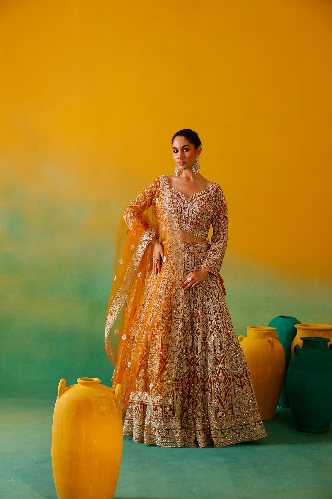 Neerus Yellow net embroidered lehenga set - detail view 2