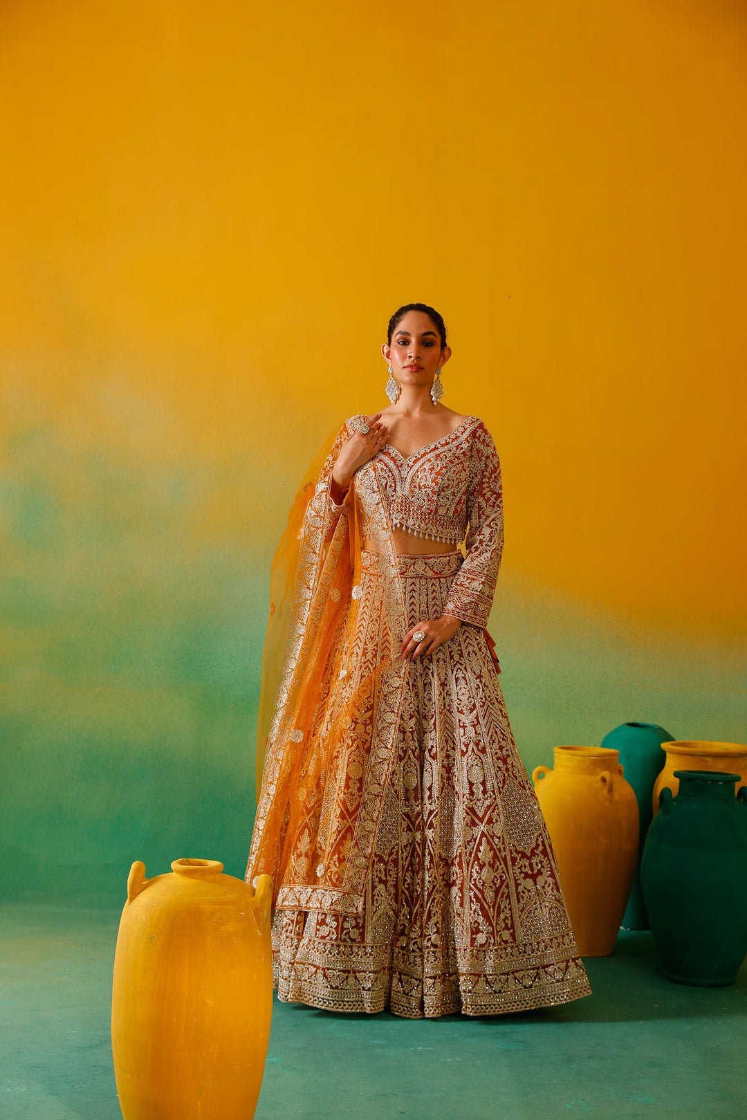 Neerus Yellow net embroidered lehenga set - detail view 3