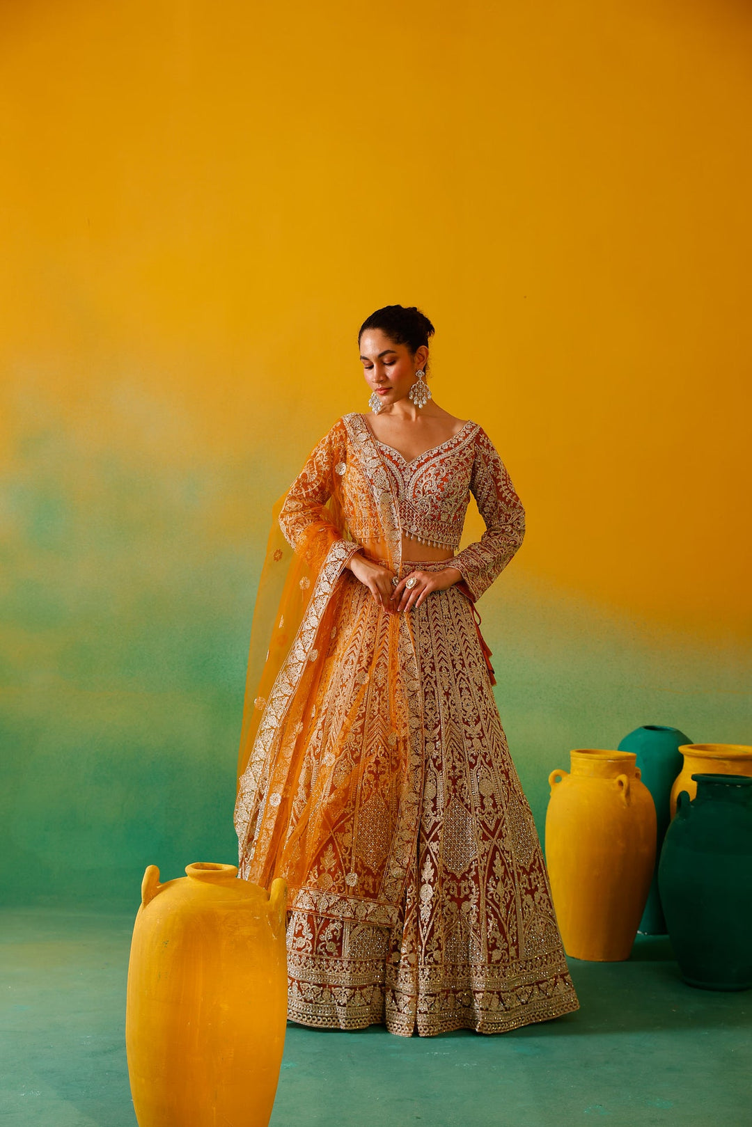 Neerus Yellow net embroidered lehenga set - detail view 4