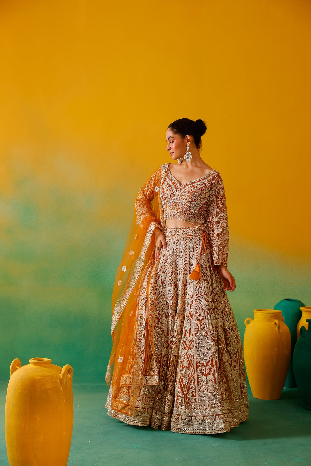 Neerus Yellow net embroidered lehenga set - detail view 5
