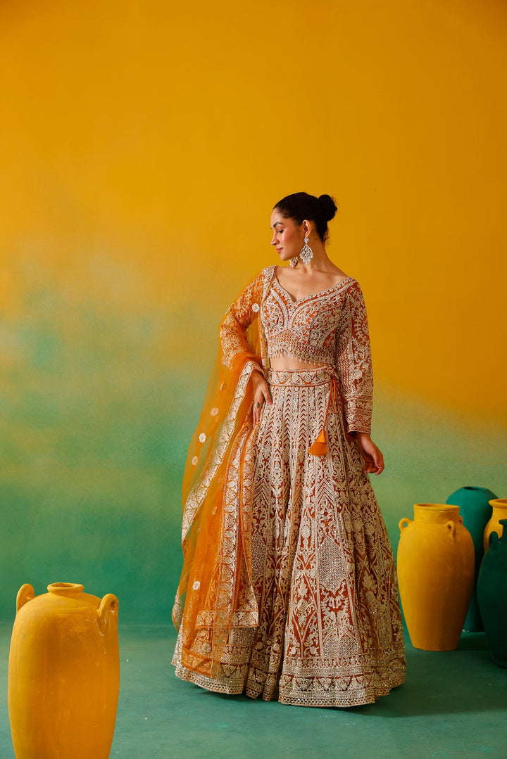Neerus Yellow net embroidered lehenga set - detail view 5