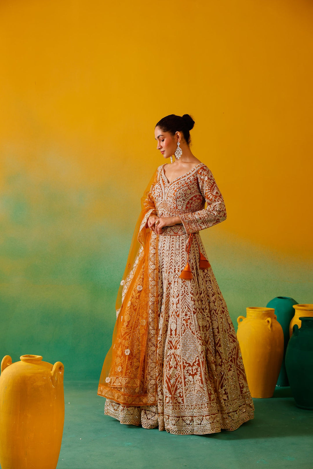 Neerus Yellow net embroidered lehenga set - detail view 6
