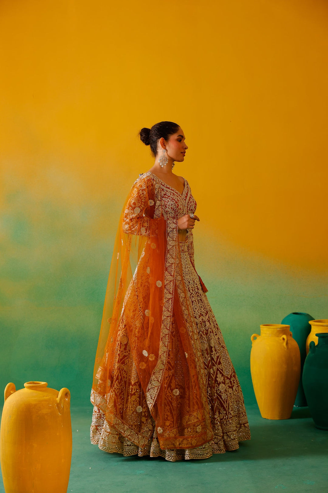 Neerus Yellow net embroidered lehenga set - detail view 7