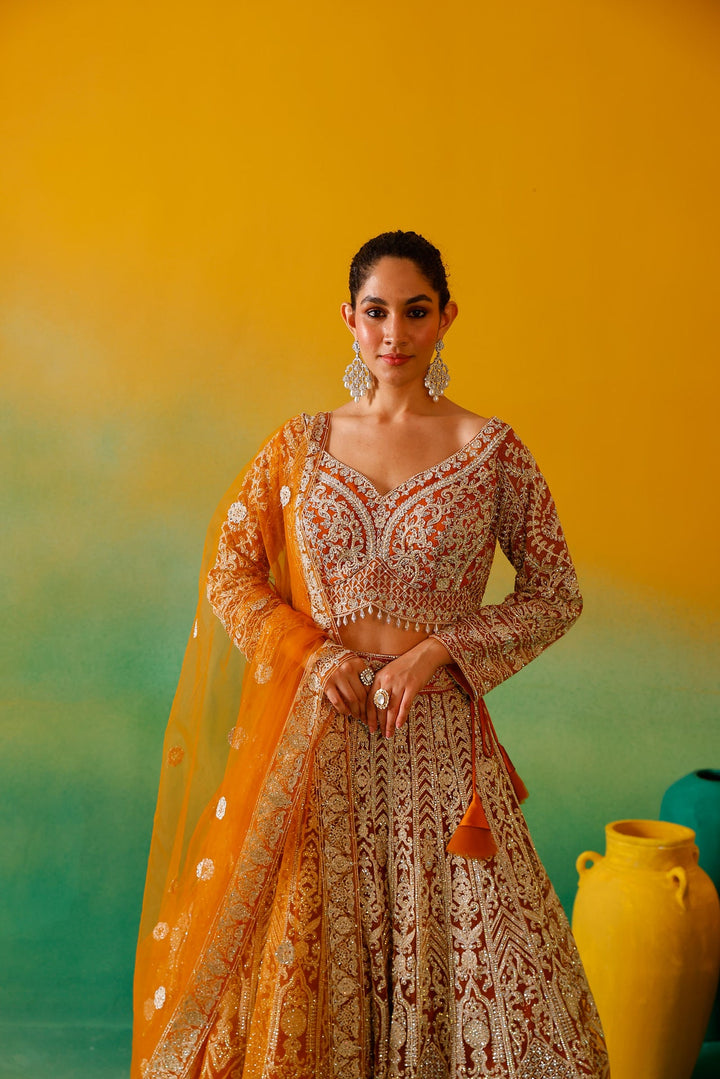 Neerus Yellow net embroidered lehenga set - detail view 8