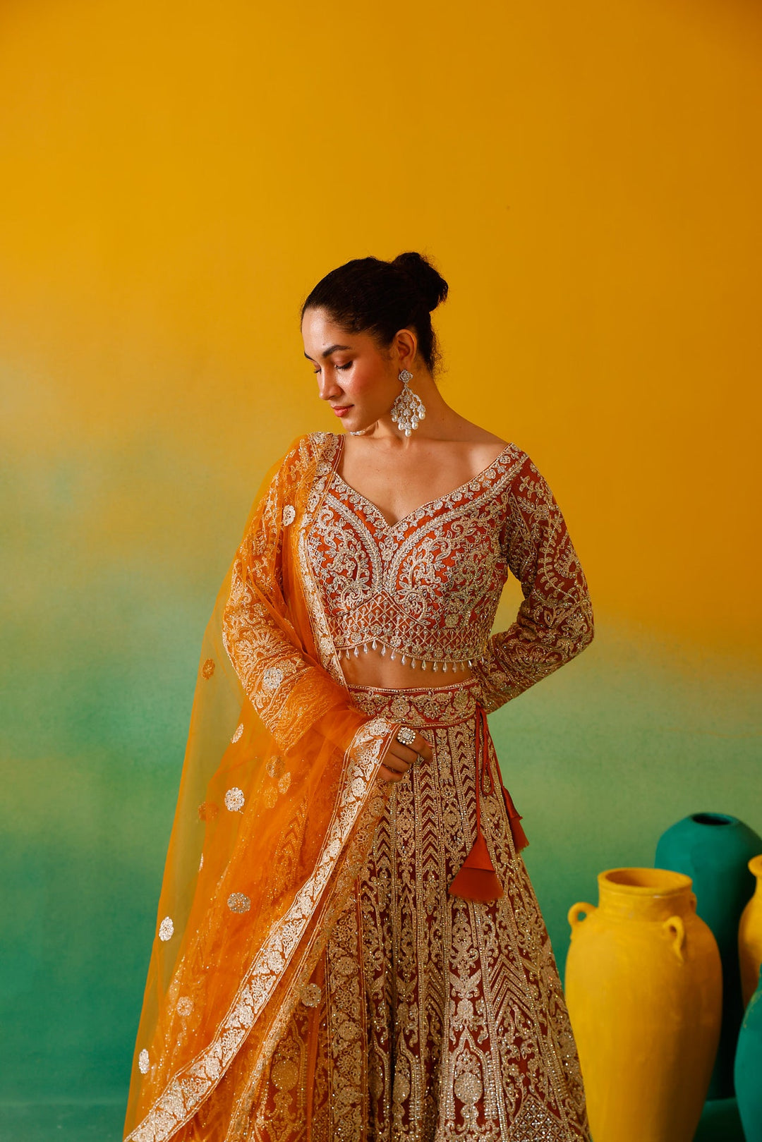 Neerus Yellow net embroidered lehenga set - detail view 9