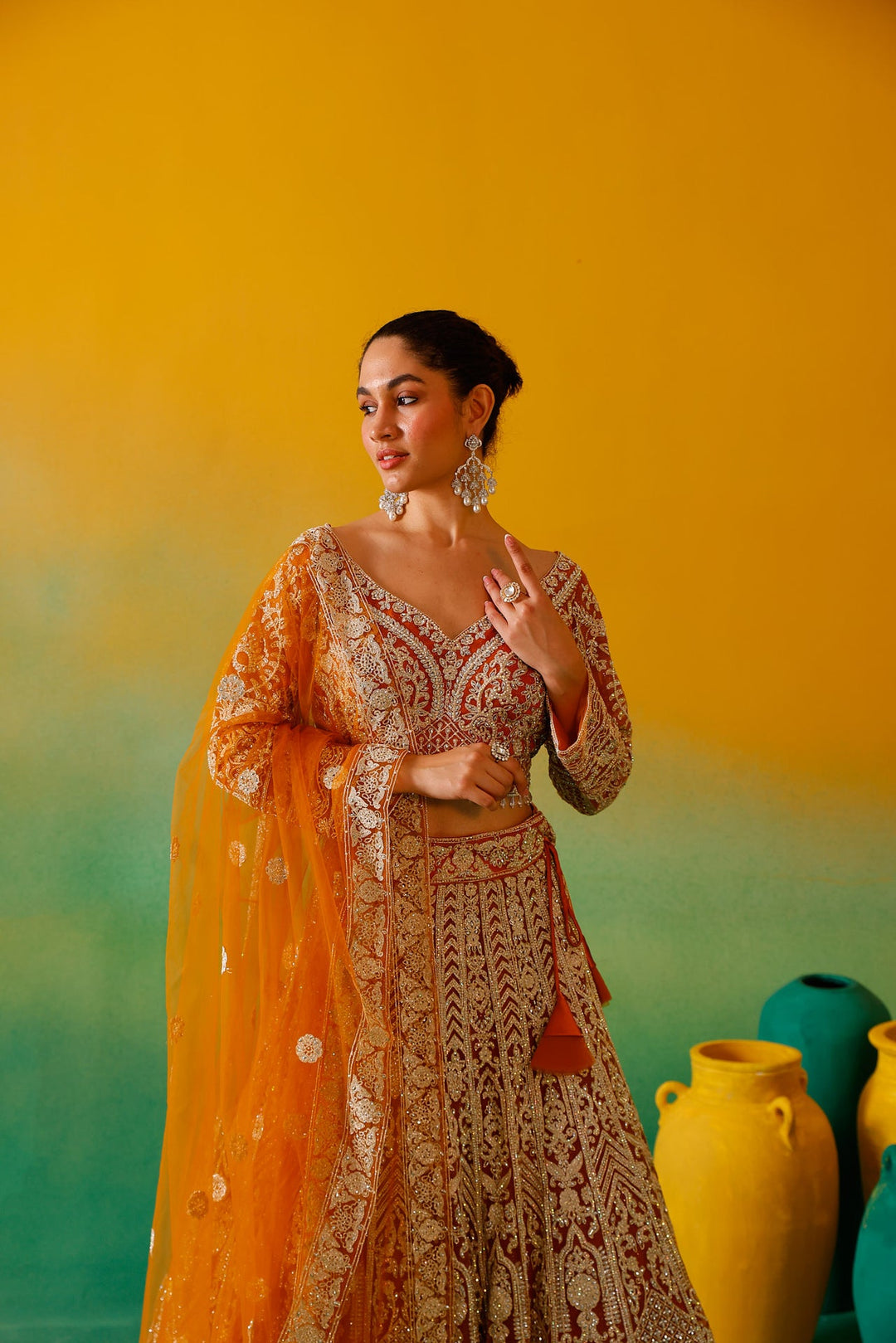 Neerus Yellow net embroidered lehenga set - detail view 10