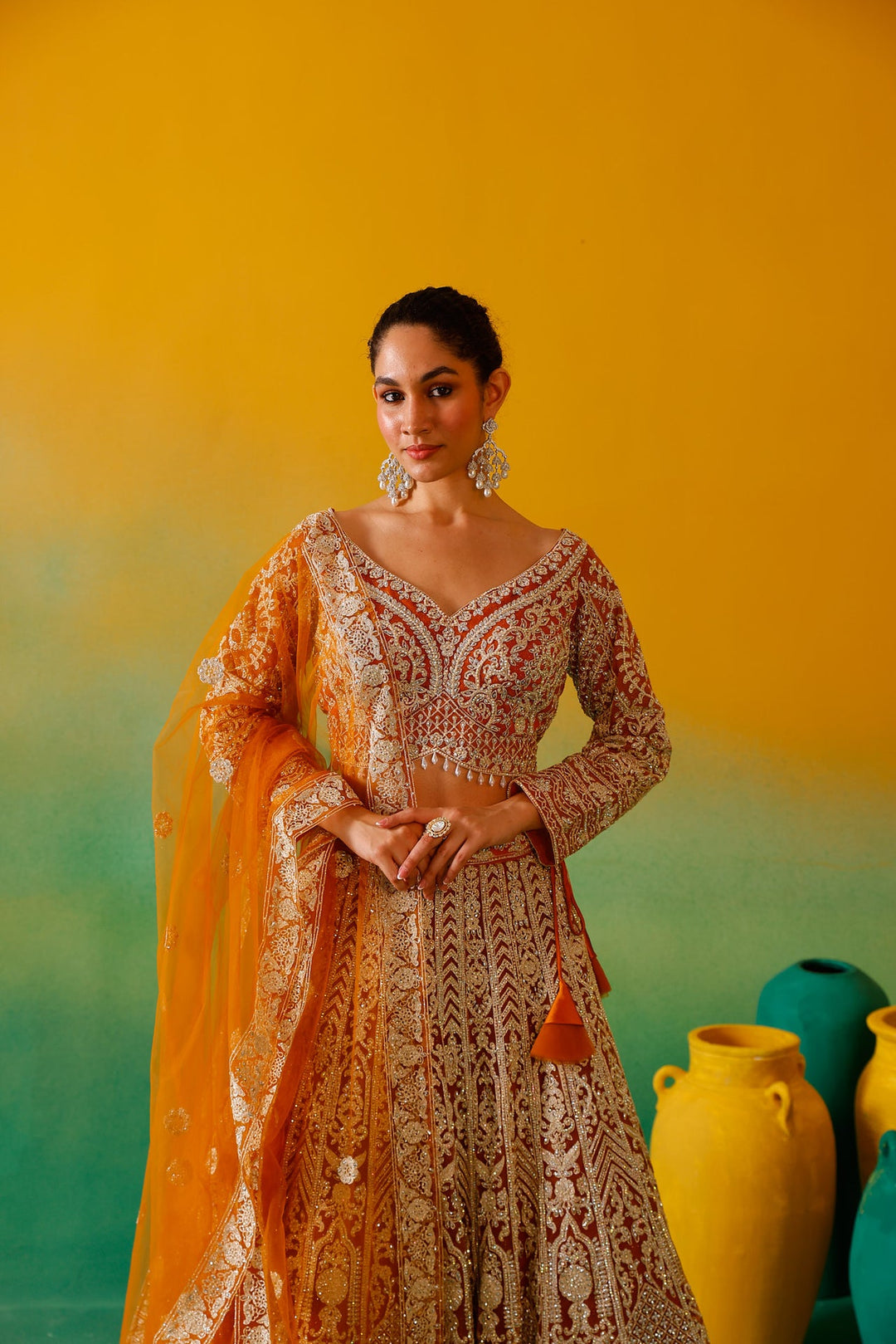 Neerus Yellow net embroidered lehenga set - detail view 11