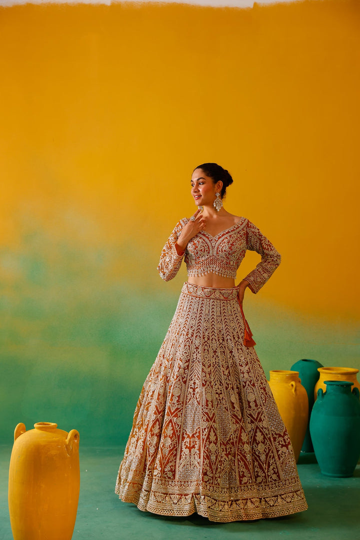 Neerus Yellow net embroidered lehenga set - detail view 13
