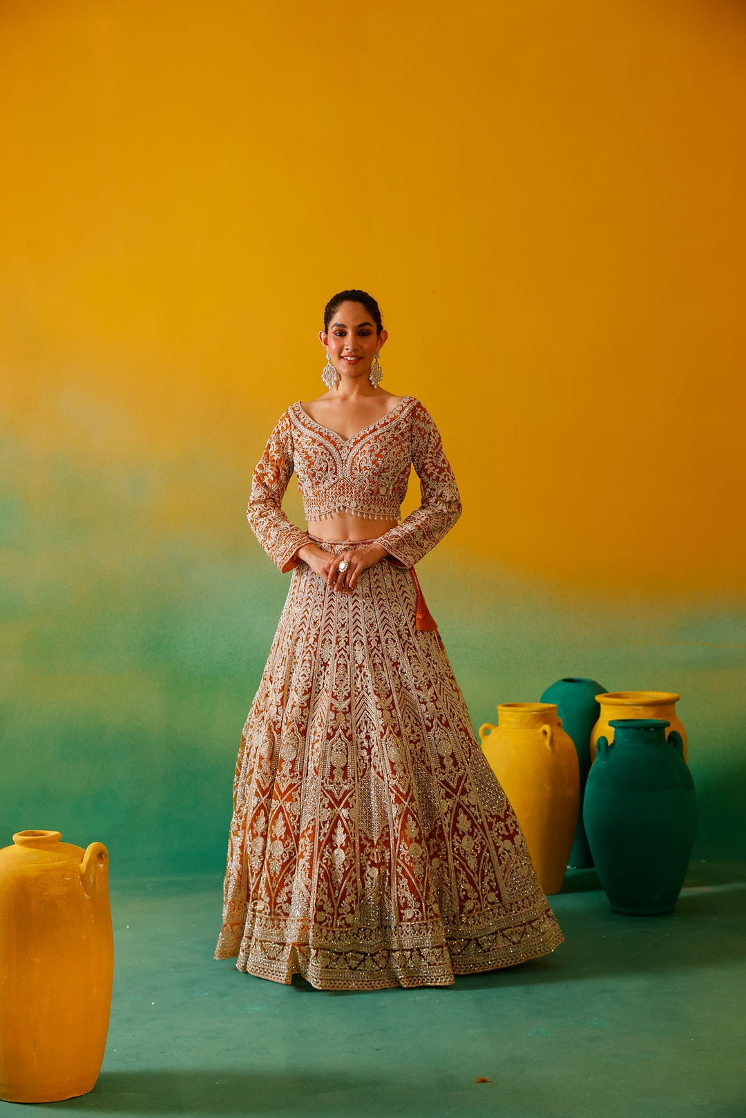 Neerus Yellow net embroidered lehenga set - detail view 14