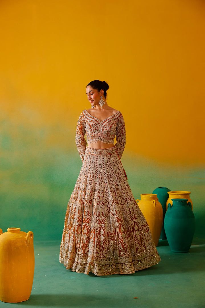Neerus Yellow net embroidered lehenga set - detail view 15
