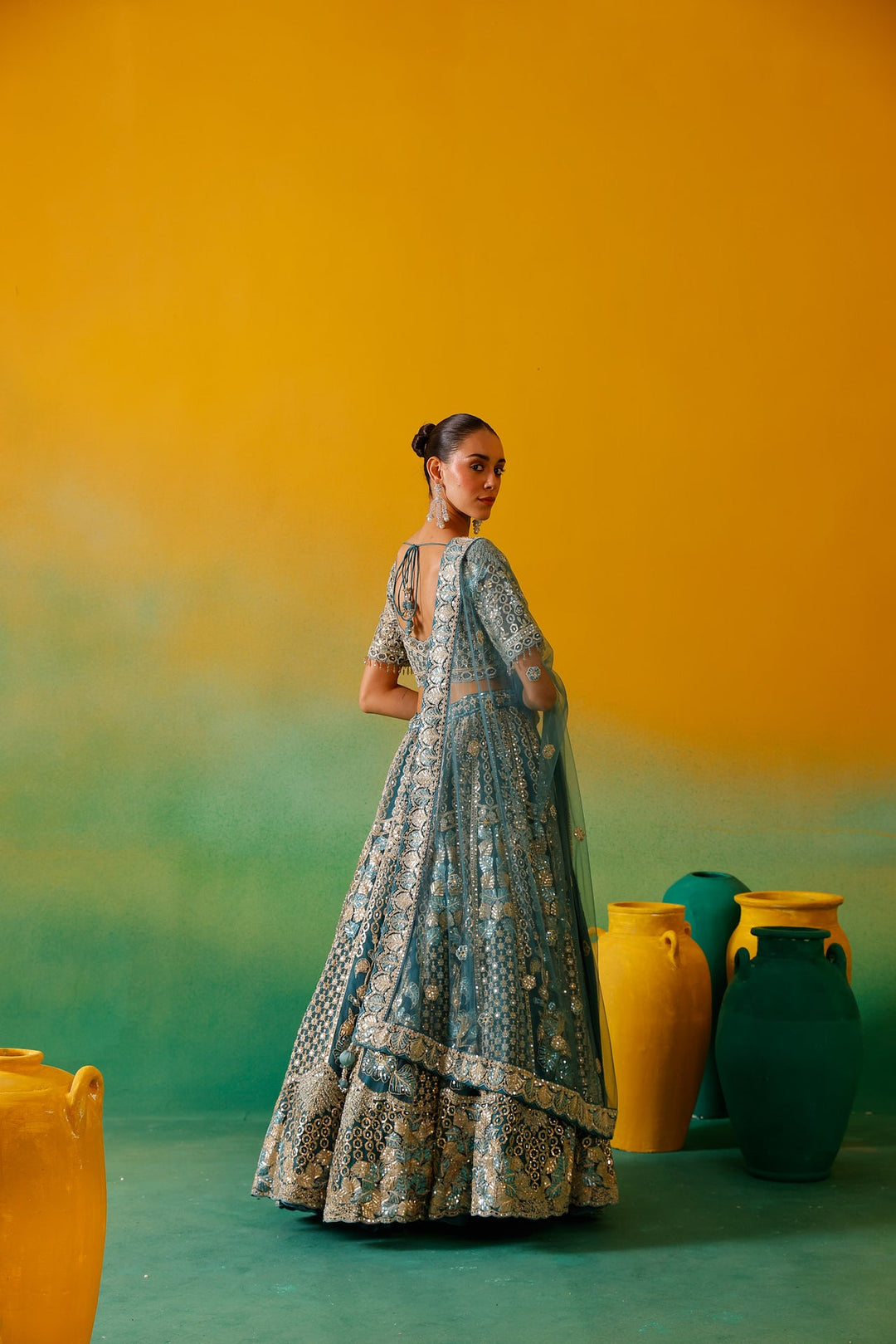 Neerus Blue net embroidered lehenga set - side view