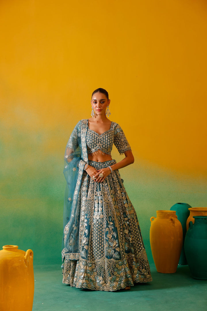 Neerus Blue net embroidered lehenga set - detail view 1