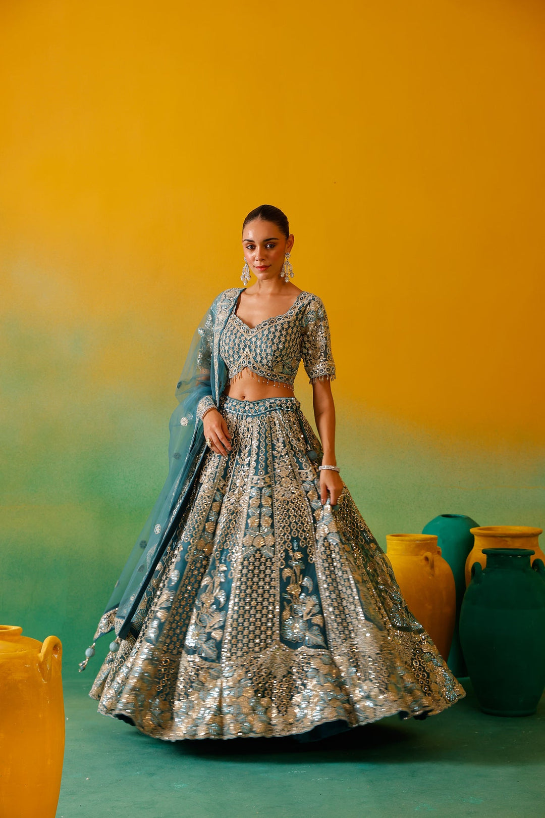 Neerus Blue net embroidered lehenga set - detail view 3