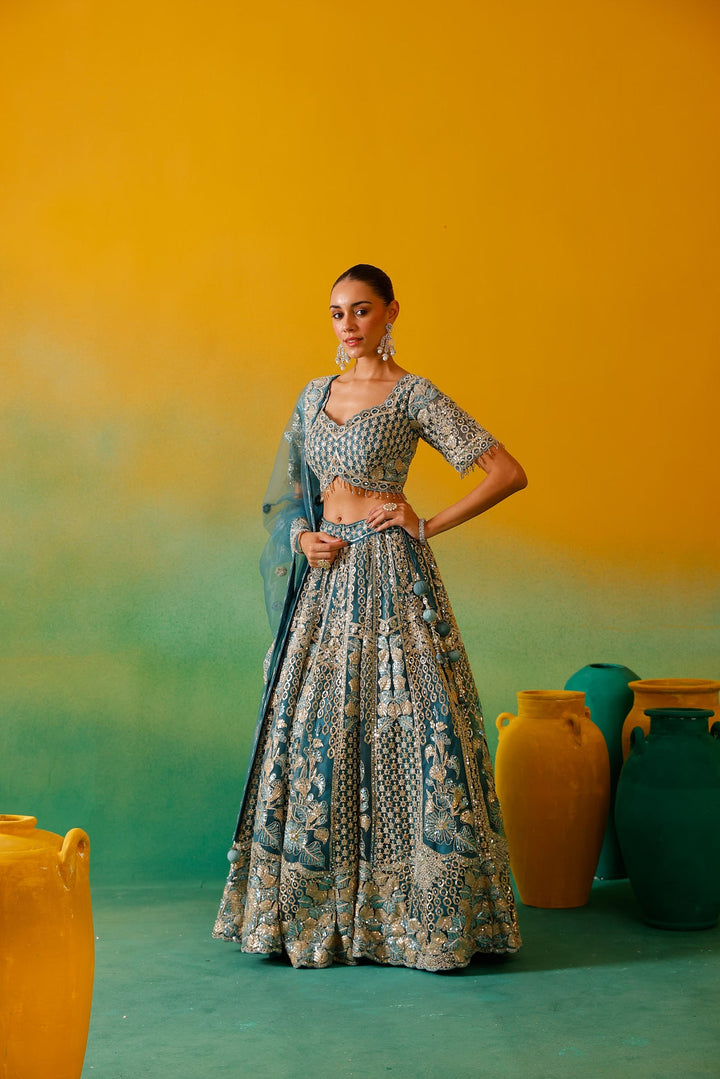 Neerus Blue net embroidered lehenga set - detail view 4