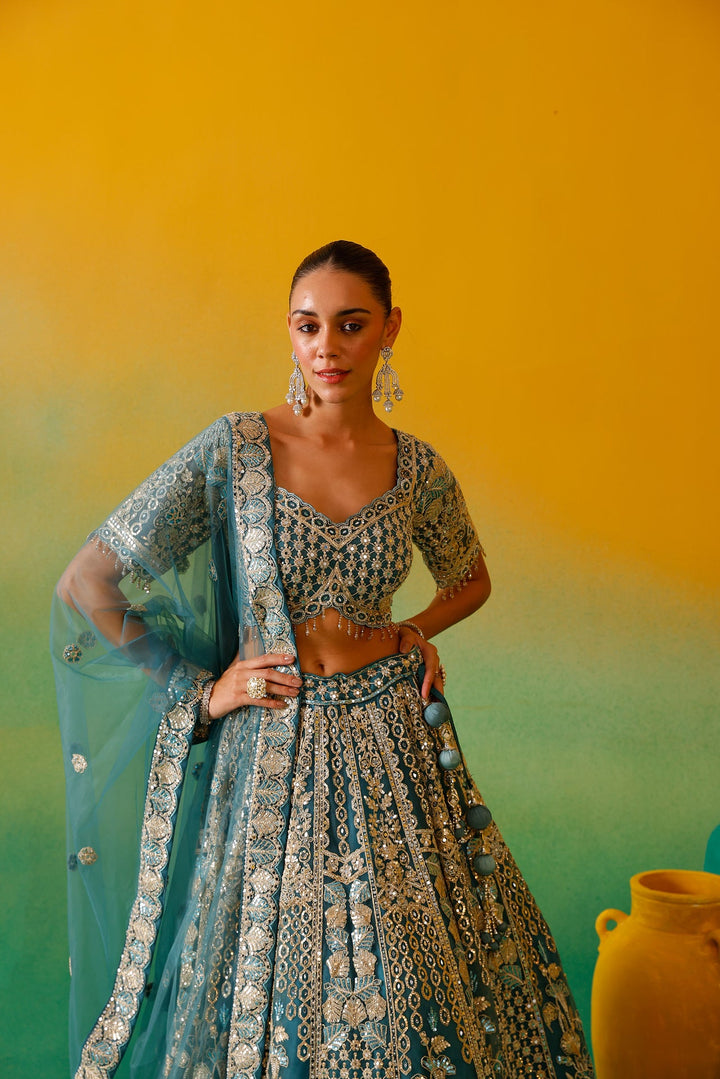 Neerus Blue net embroidered lehenga set - detail view 7