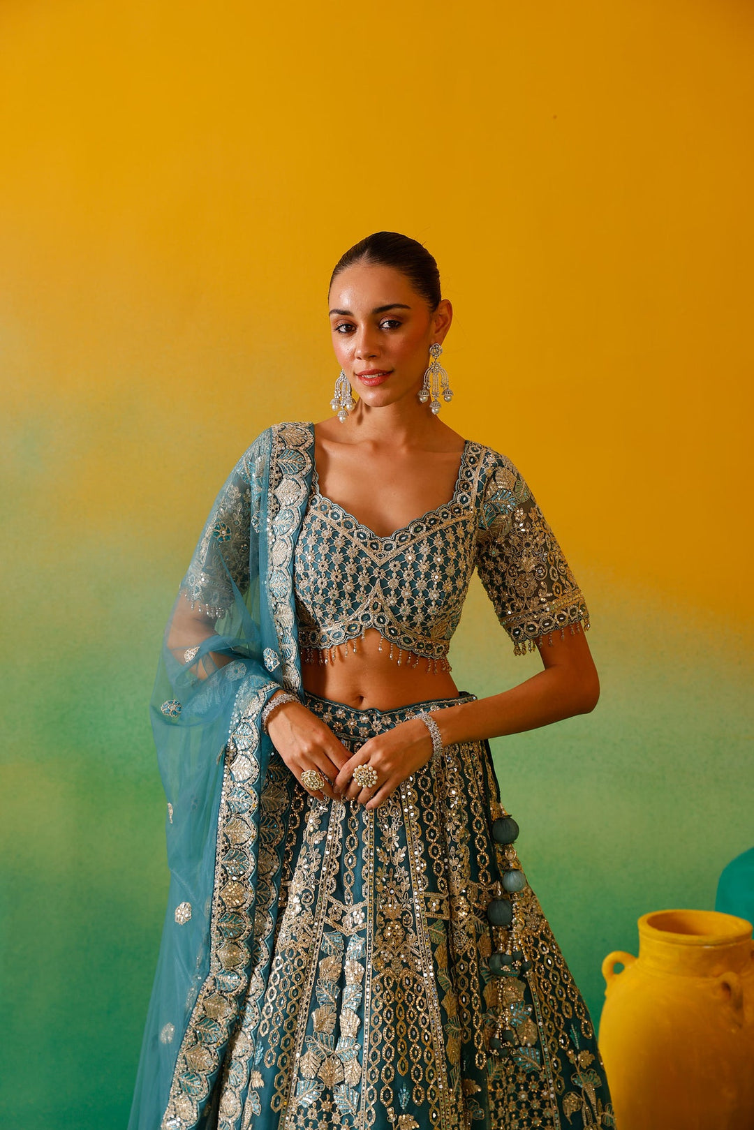 Neerus Blue net embroidered lehenga set - detail view 8