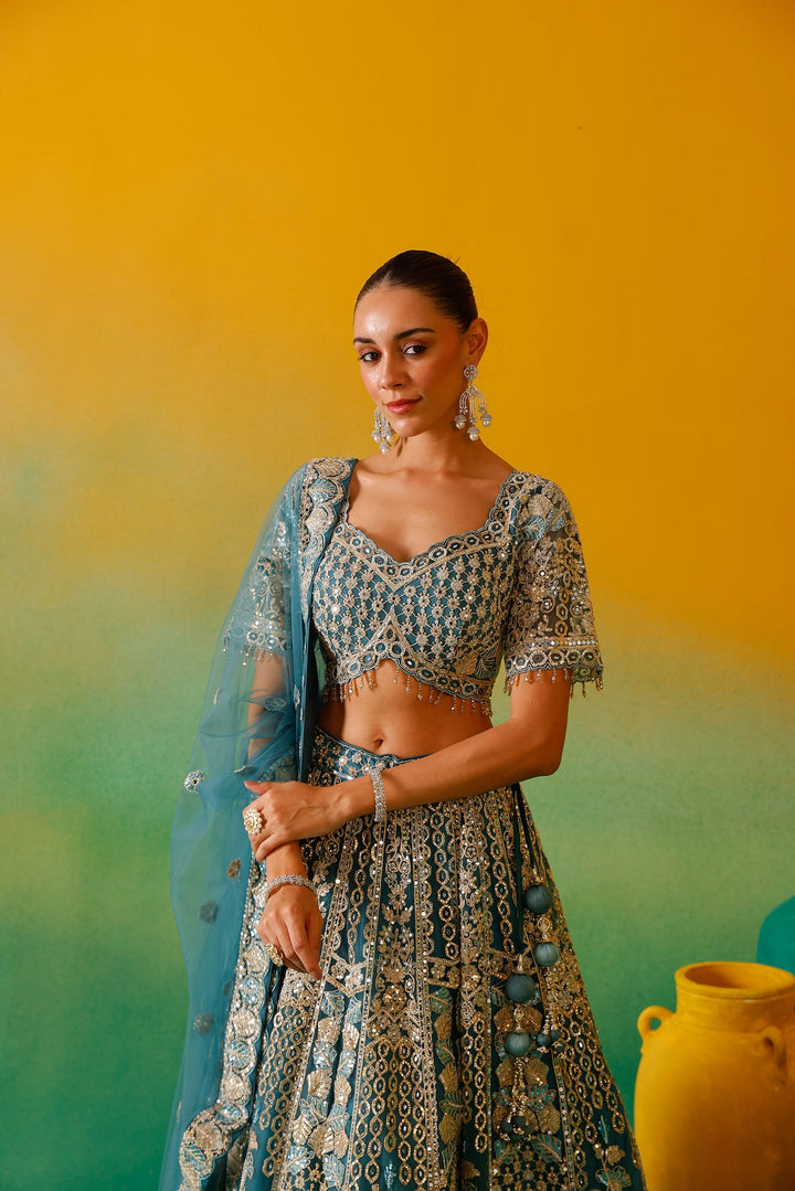 Neerus Blue net embroidered lehenga set - detail view 9