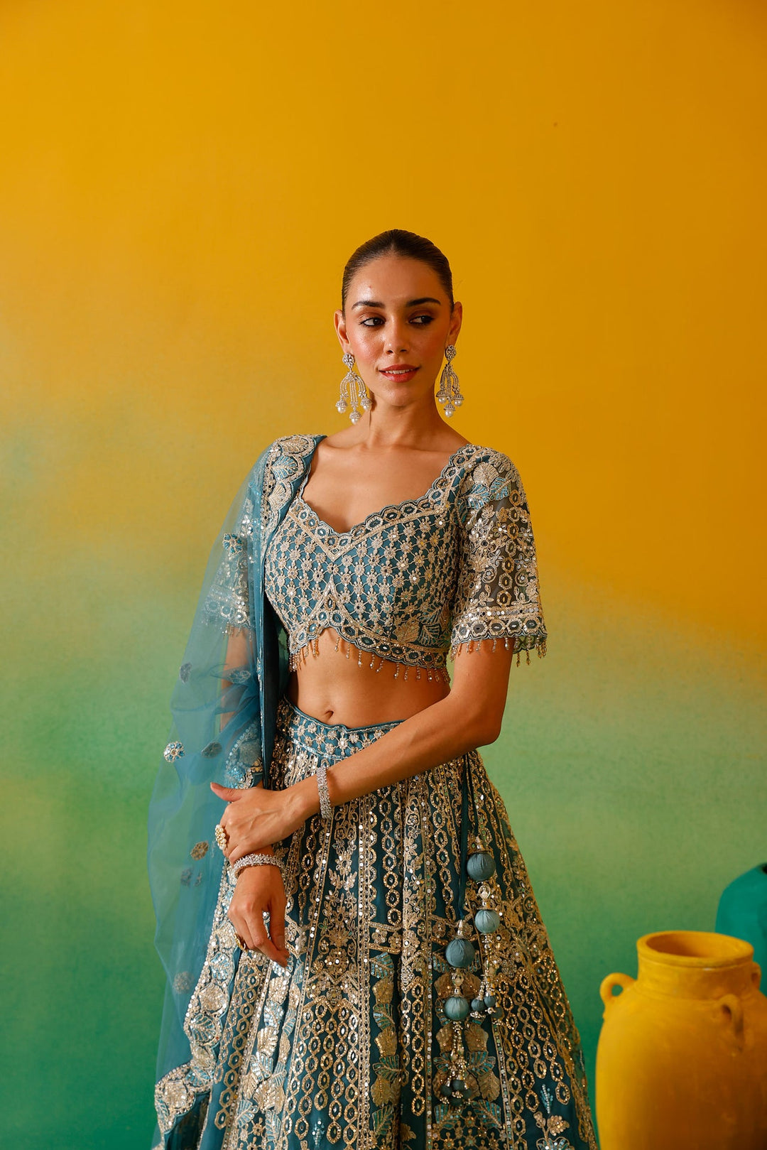 Neerus Blue net embroidered lehenga set - detail view 10