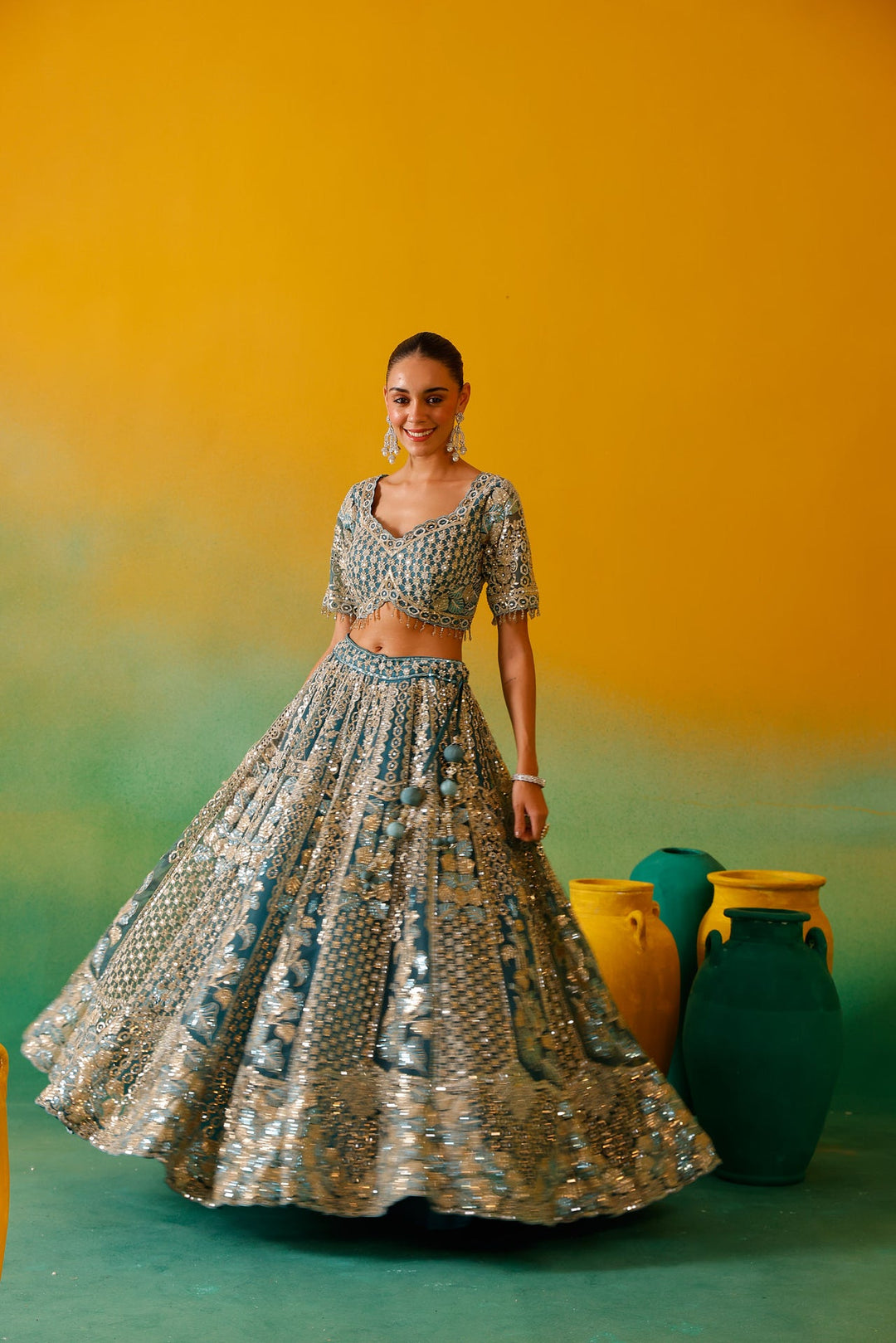 Neerus Blue net embroidered lehenga set - detail view 12