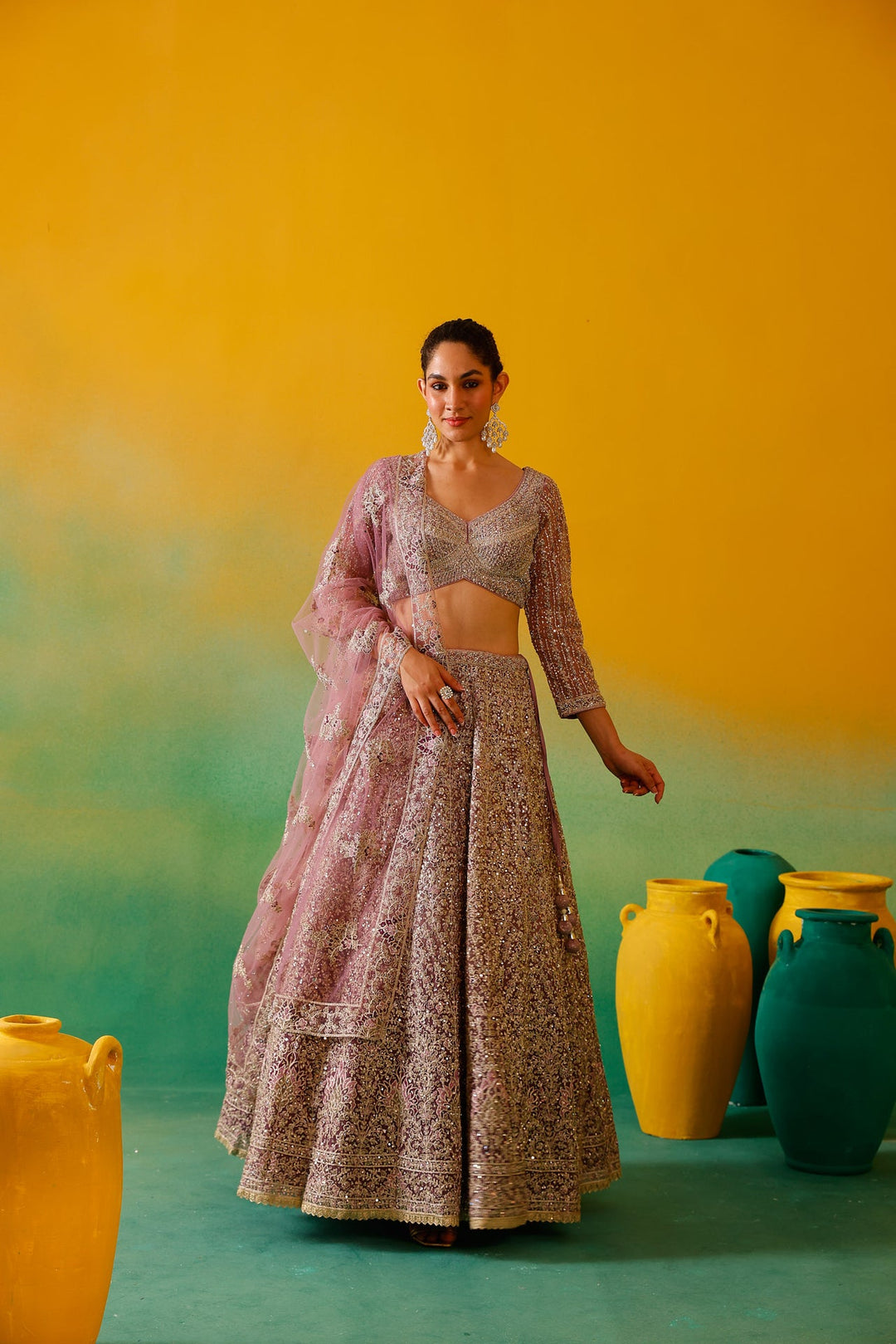 Neerus Purple net embroidered lehenga set - side view
