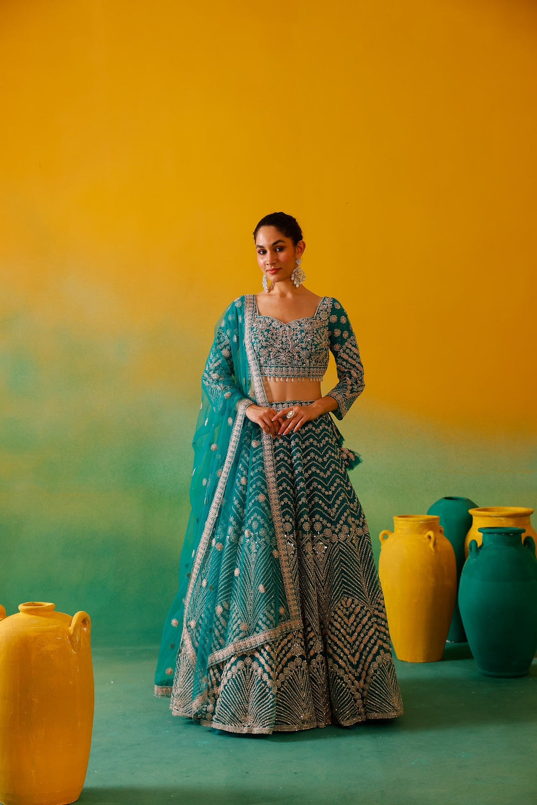 Neerus Green net embroidered lehenga set - detail view 1