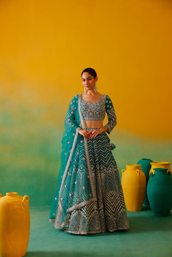 Neerus Green net embroidered lehenga set - detail view 1
