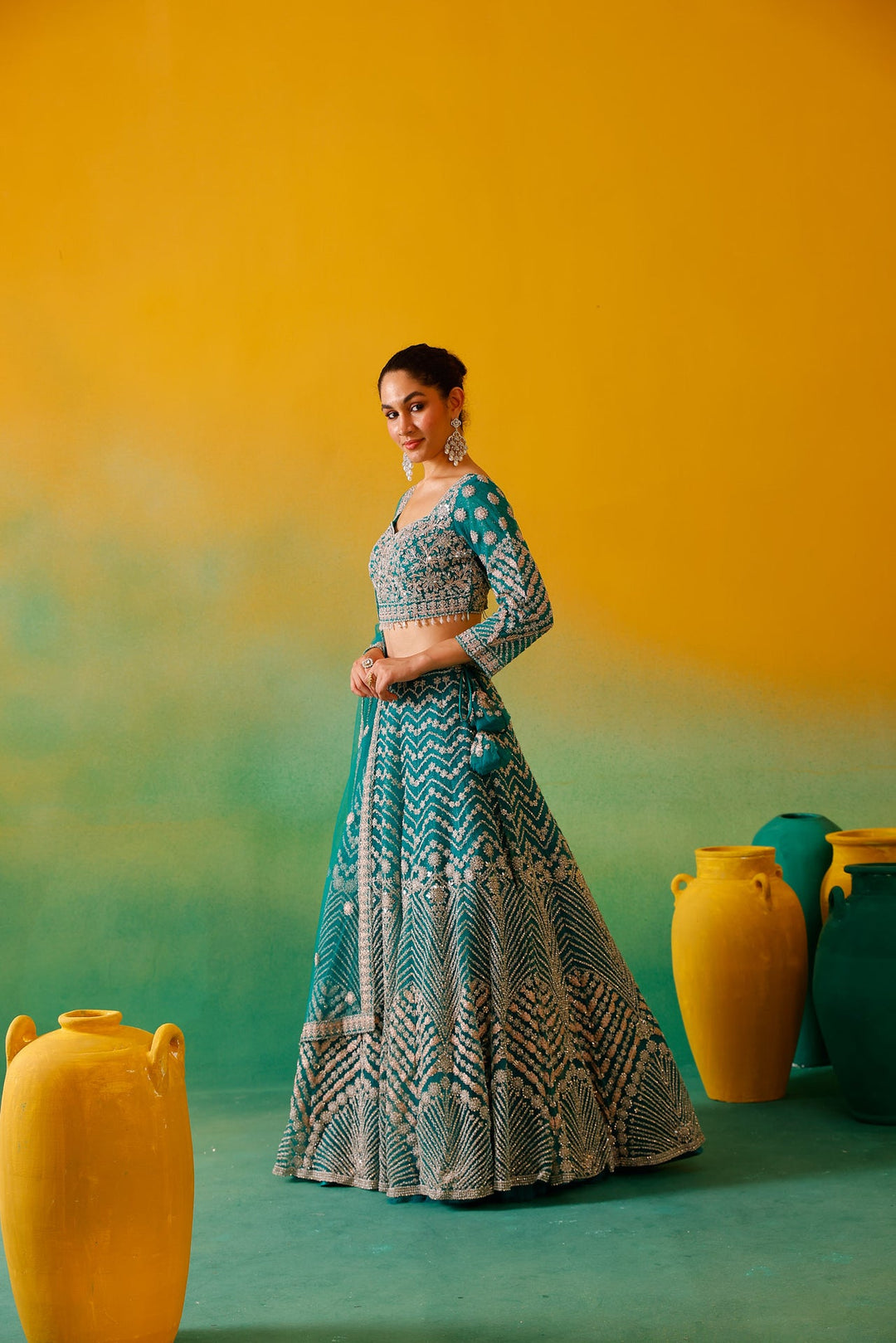 Neerus Green net embroidered lehenga set - detail view 2