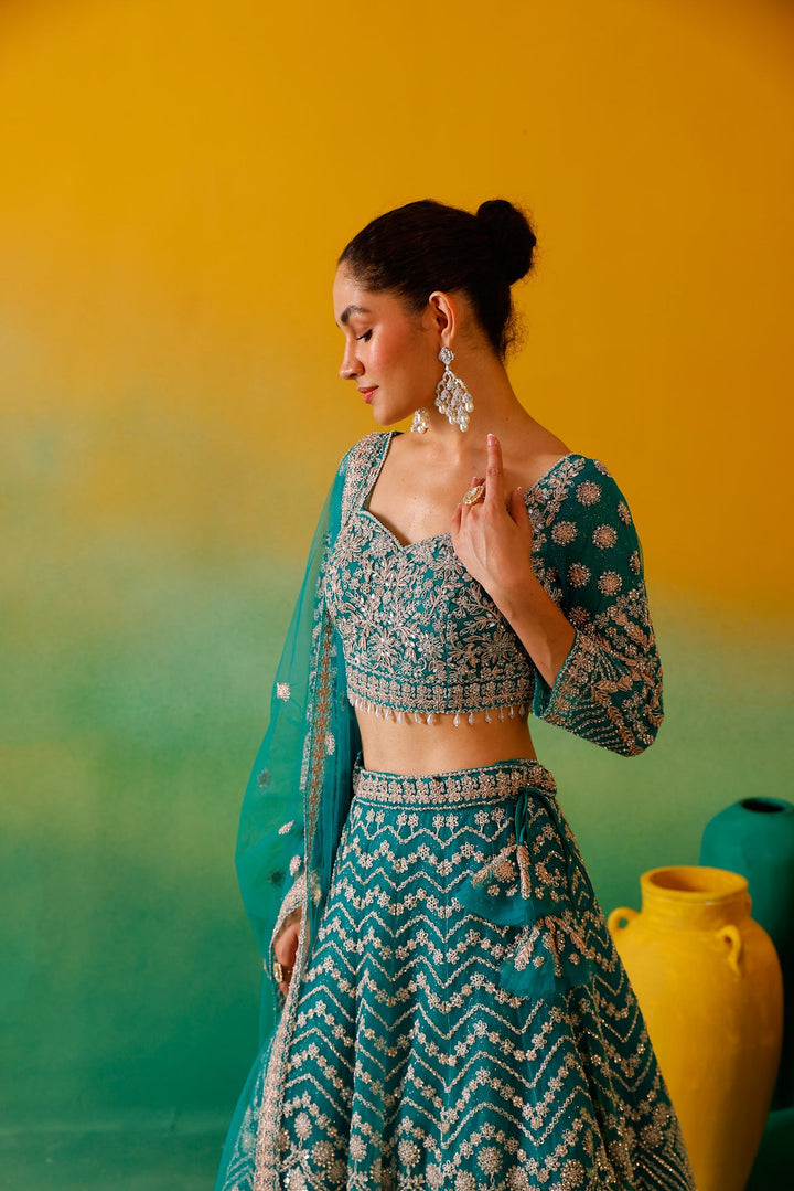 Neerus Green net embroidered lehenga set - detail view 5