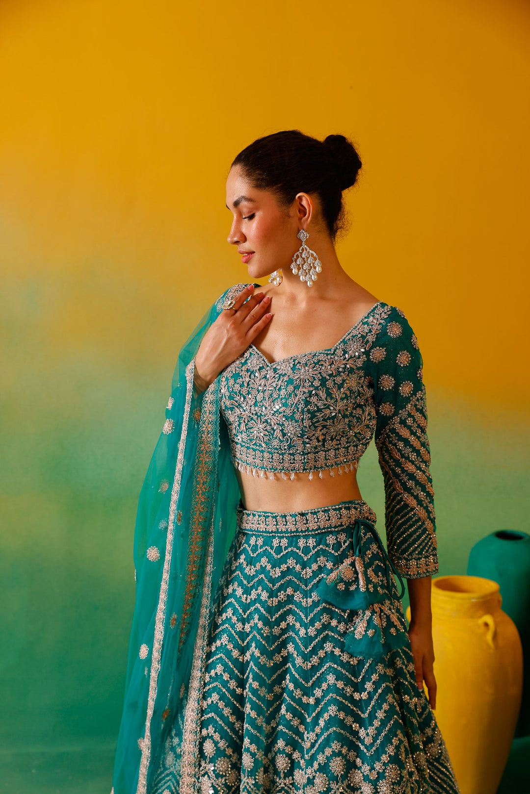 Neerus Green net embroidered lehenga set - detail view 6