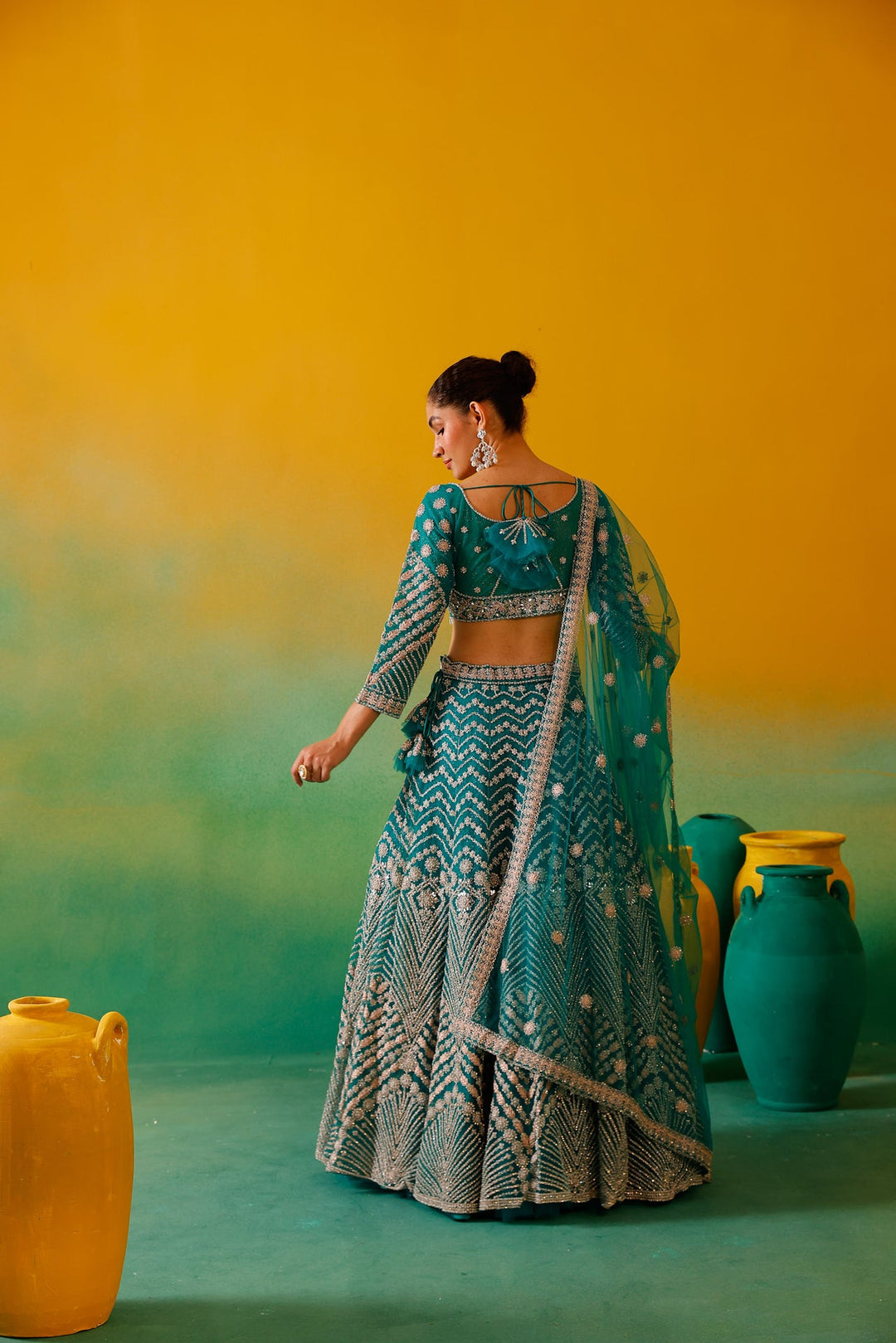 Neerus Green net embroidered lehenga set - detail view 7