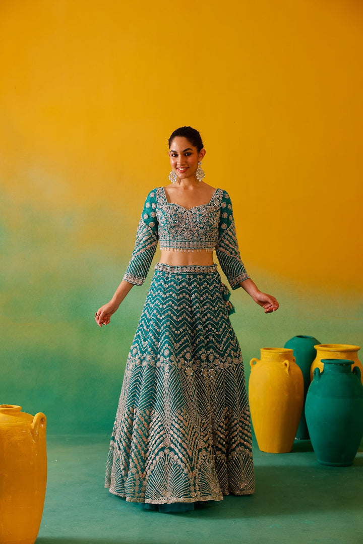 Neerus Green net embroidered lehenga set - detail view 8