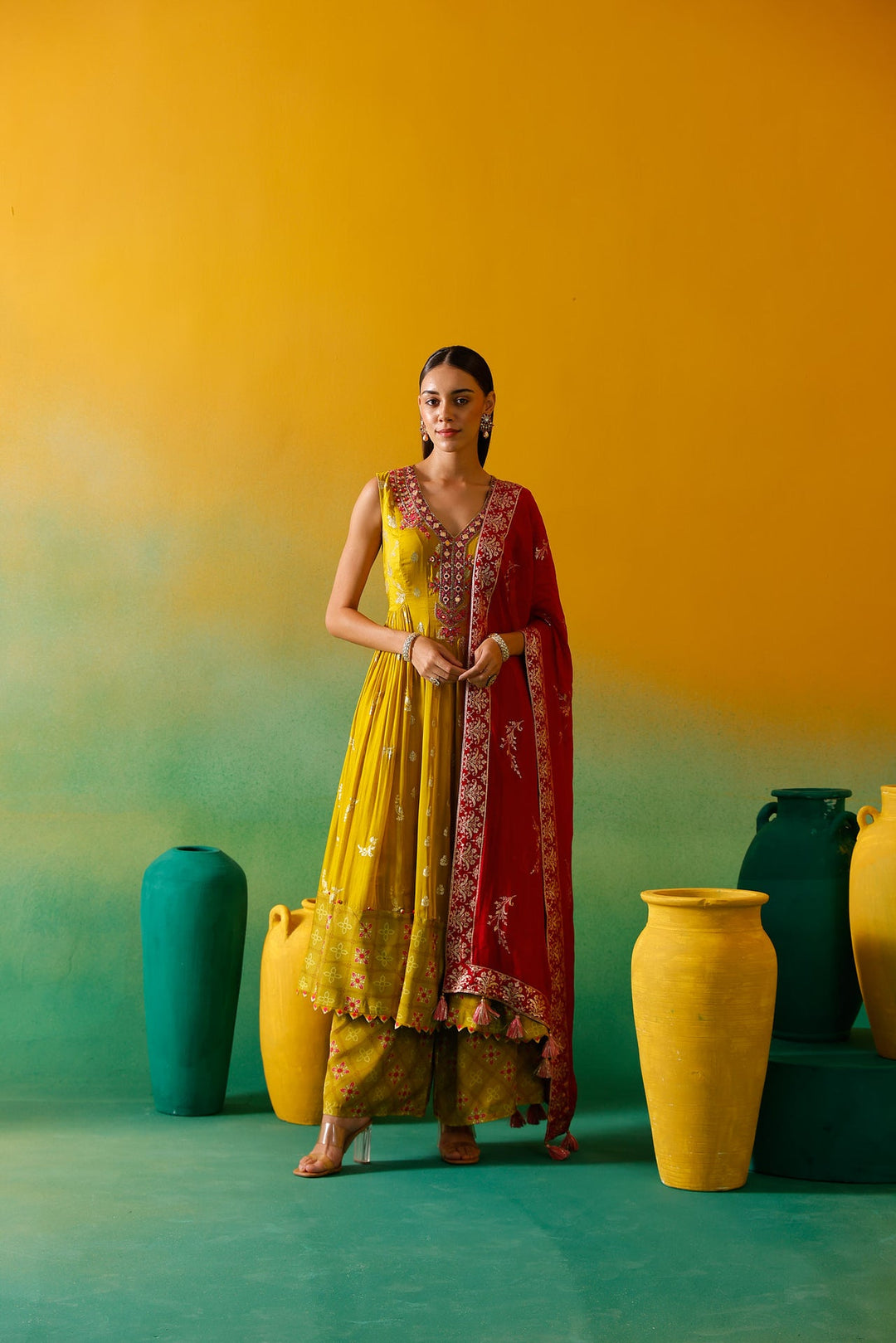 Neerus Green organza embroidered Anarkali suit set - detail view 9