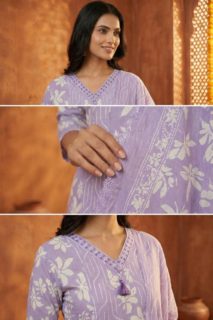 Neerus Purple cotton thread embroidered suit set - detail view 2