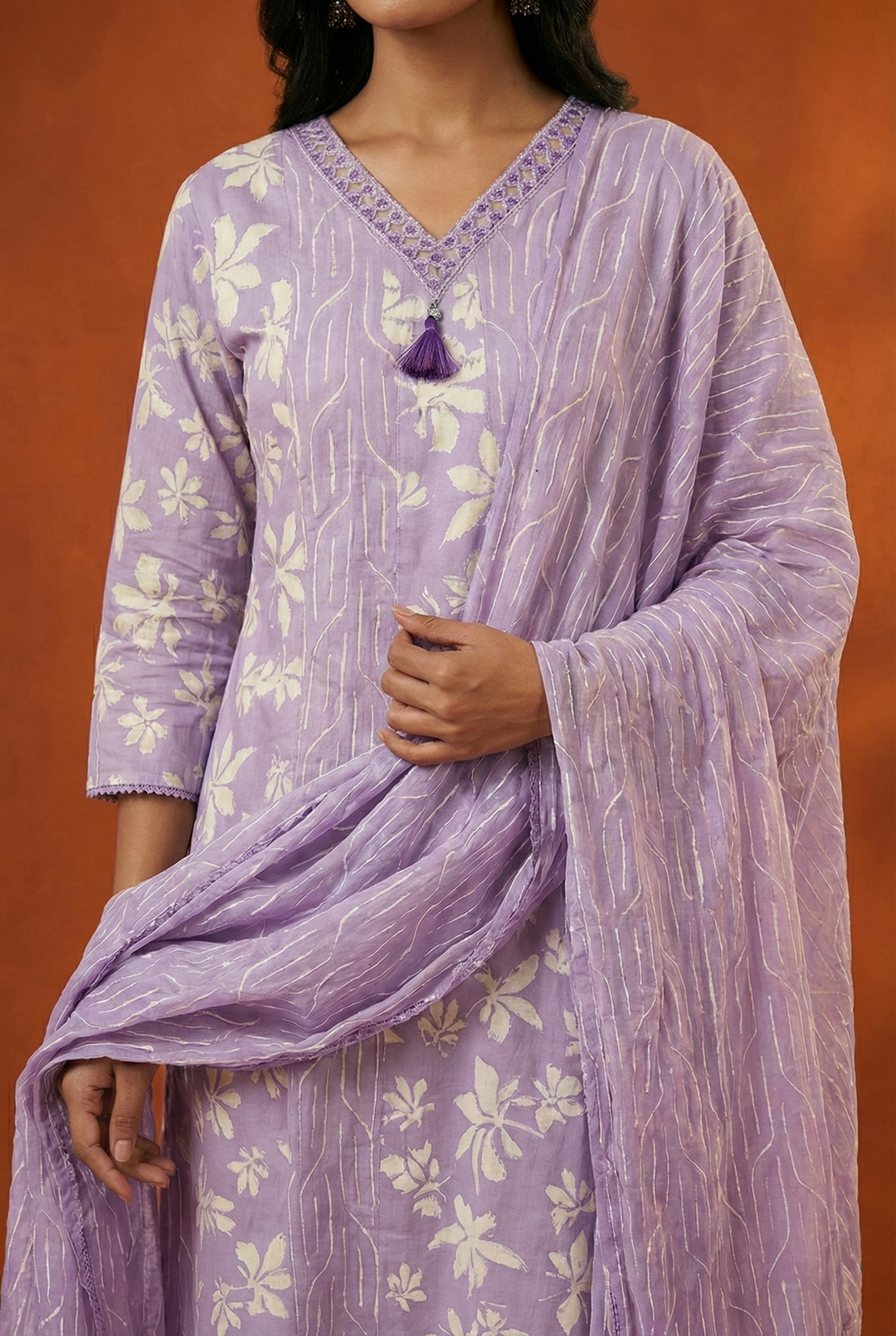 Neerus Purple cotton thread embroidered suit set - detail view 1