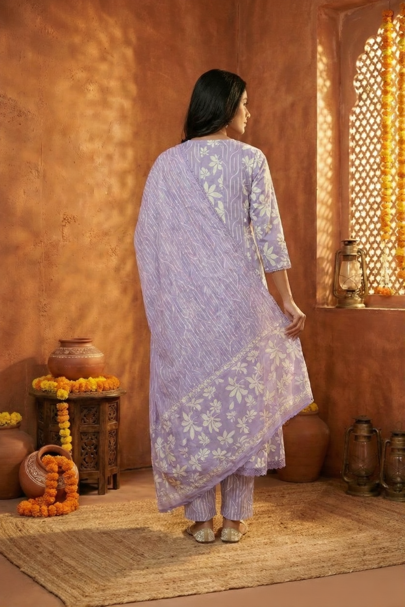 Neerus Purple cotton thread embroidered suit set - side view