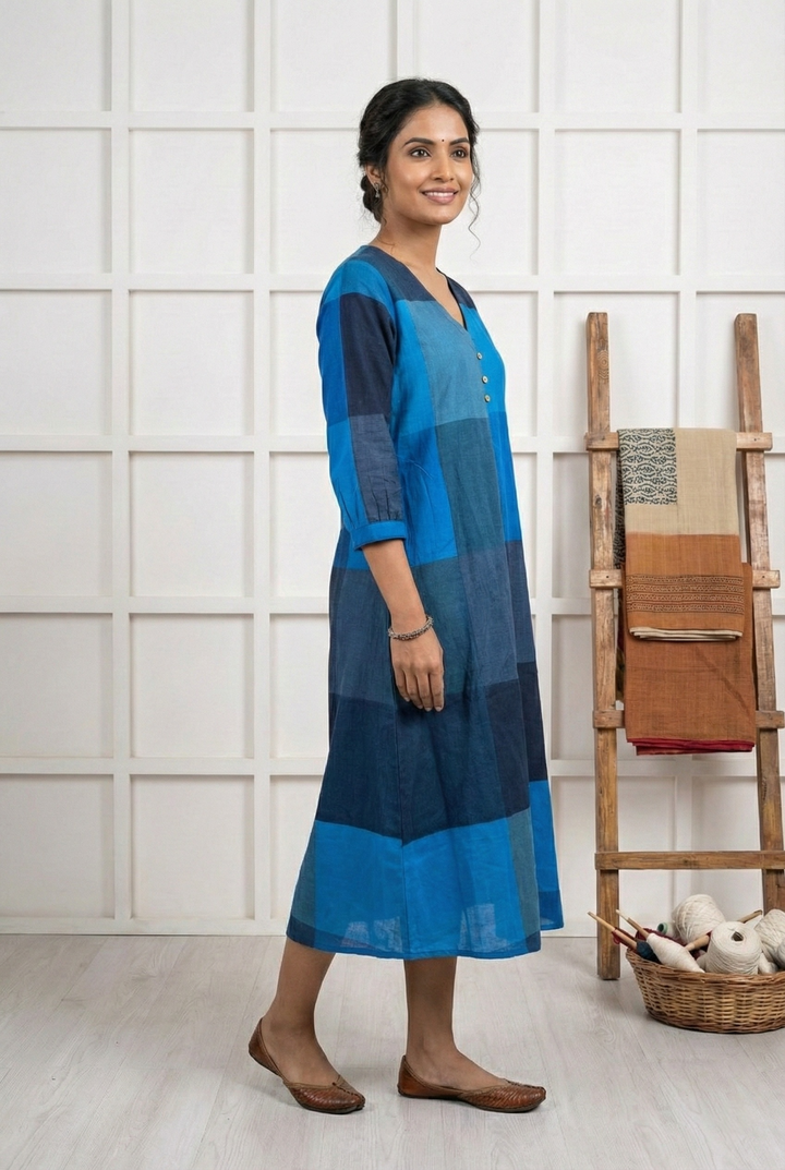 Neerus Blue cotton colorblock kurta - back view