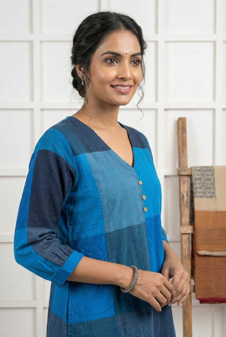 Neerus Blue cotton colorblock kurta - detail view 2