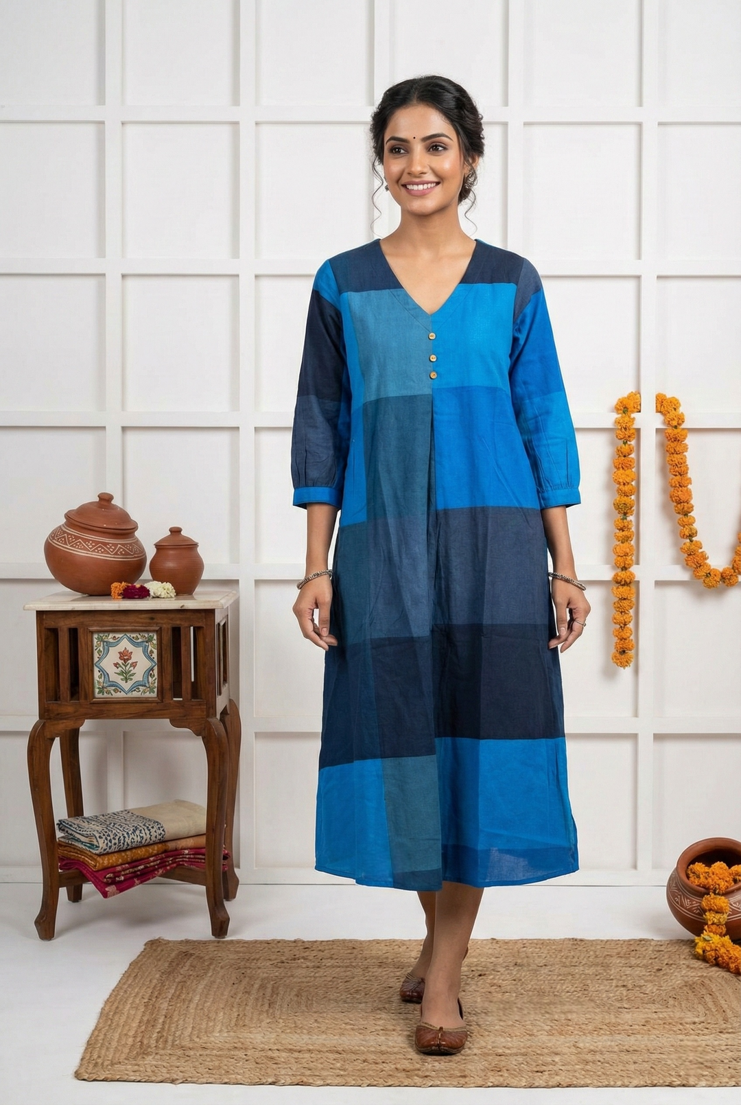 Neerus Blue cotton colorblock kurta - front view